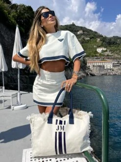 The Lily Fringe Tote - Cream & Navy -Lily Bean Luggage Shop the lily fringe tote cream navy 978722